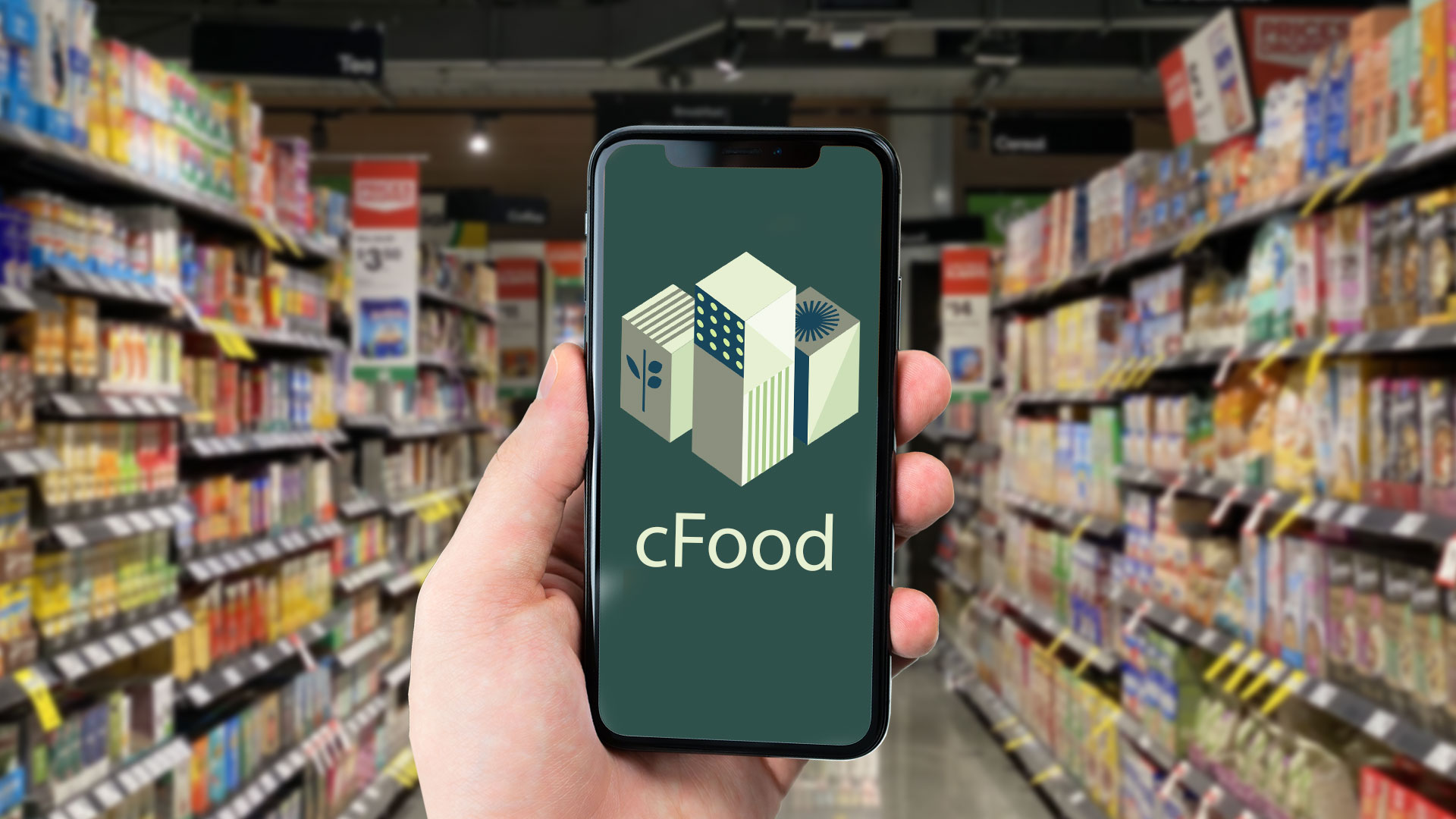 Inne i butikk med cFoods app i hånden, forsiden