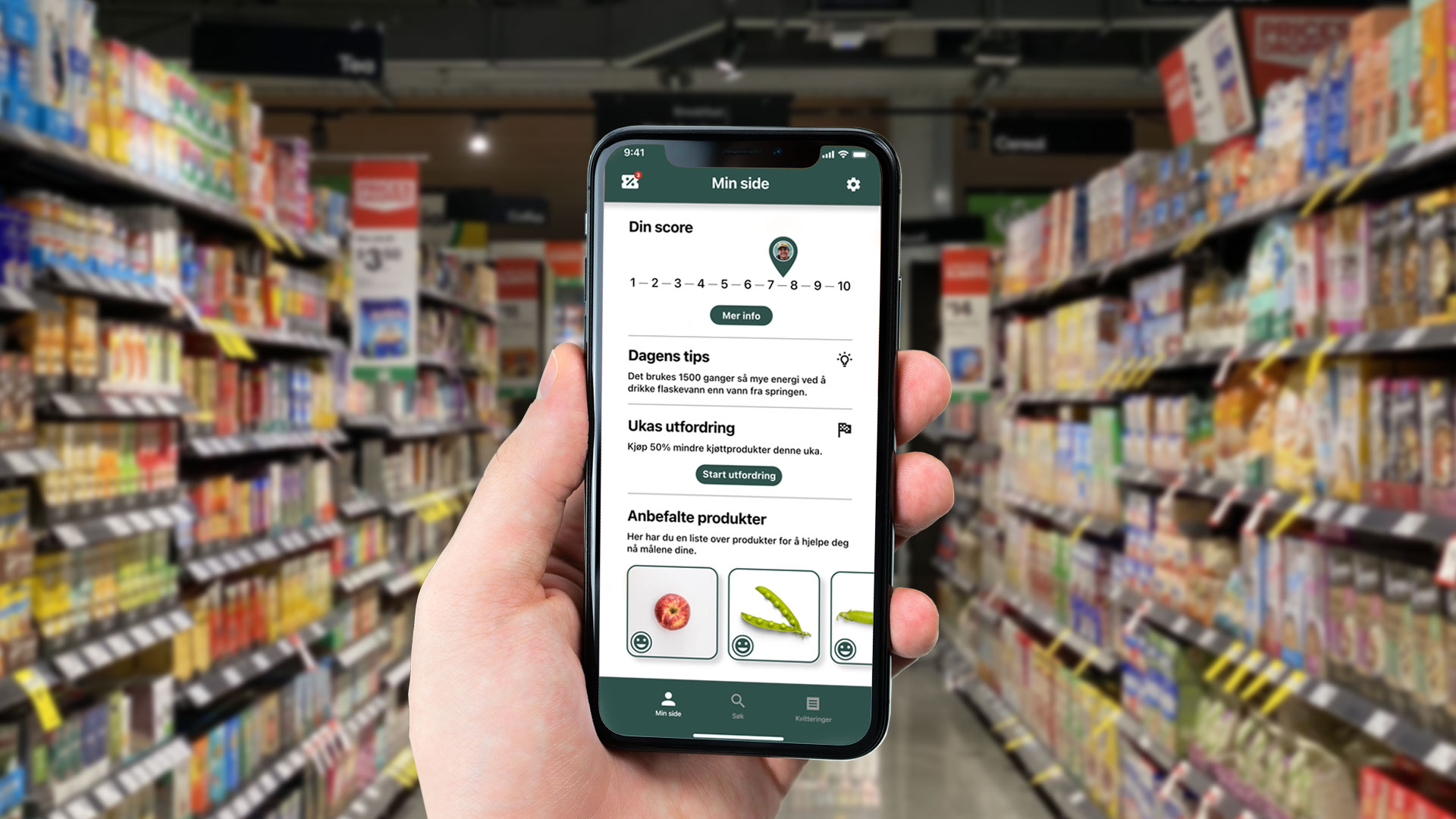 Inne i butikk med cFoods app i hånden, min side